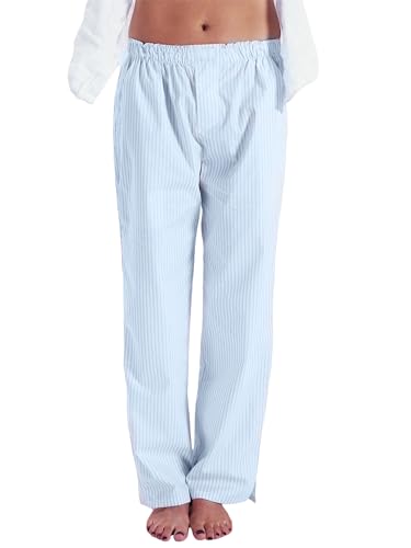 Miolasay Damen-Pyjamahose mit weitem Bein, Kordelzug, lässig, gestreift, locker, gerade, lange Hose mit Taschen, Streetwear, C-sky blau, L von Miolasay