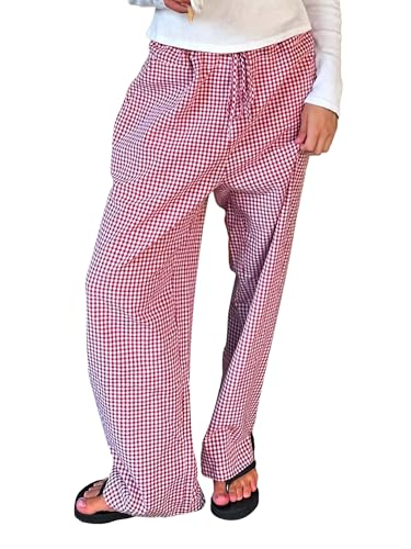 Miolasay Damen-Pyjamahose mit weitem Bein, Kordelzug, lässig, gestreift, locker, gerade, lange Hose mit Taschen, Streetwear, D-rot, XL Miolasay Damen-Pyjamahose mit weitem Bein, Kordelzug, lässig, gestreift, locker, gerade, lange Hose mit Taschen, Streetwear, D-rot, XL von Miolasay