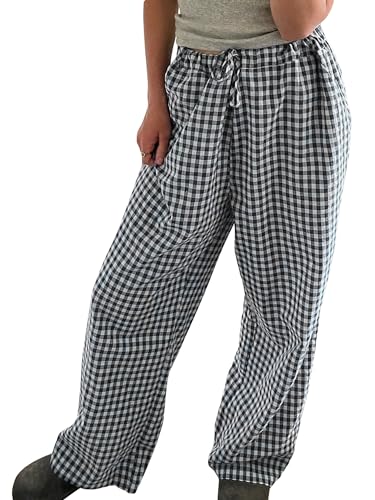 Miolasay Damen-Pyjamahose mit weitem Bein, Kordelzug, lässig, gestreift, locker, gerade, lange Hose mit Taschen, Streetwear, D-schwarz, L von Miolasay