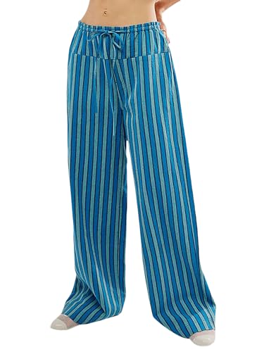 Miolasay Damen-Pyjamahose mit weitem Bein, Kordelzug, lässig, gestreift, locker, gerade, lange Hose mit Taschen, Streetwear, G-Blue, L von Miolasay