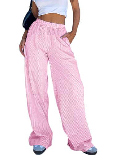 Miolasay Damen-Pyjamahose mit weitem Bein, Kordelzug, lässig, gestreift, locker, gerade, lange Hose mit Taschen, Streetwear, H-pink, L von Miolasay