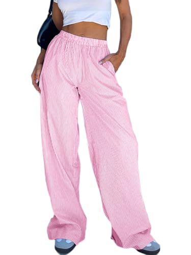 Miolasay Damen-Pyjamahose mit weitem Bein, Kordelzug, lässig, gestreift, locker, gerade, lange Hose mit Taschen, Streetwear, H-pink, M von Miolasay