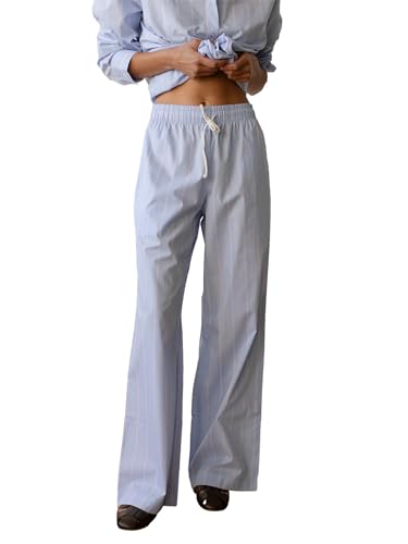 Miolasay Damen-Pyjamahose mit weitem Bein, Kordelzug, lässig, gestreift, locker, gerade, lange Hose mit Taschen, Streetwear, e-blau, M von Miolasay