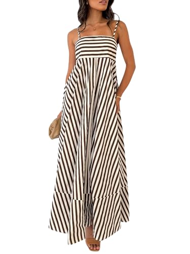 Miolasay Damen Sommer Cami Kleid Streifen Ärmellos/Dot Print Spaghettiträger Rückenfrei Maxikleid Boho Flowy Strand Sommerkleid, A-Light braun, Medium von Miolasay