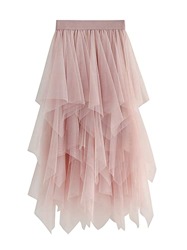 Tüll-Netzstoff-Rock für Damen, A-Linie, elastisch, hohe Taille, gestufter Lagenrock, Ballett, Abschlussball, Party, Tüll-Tutu, Midirock, A-Pink, Einheitsgröße von Miolasay