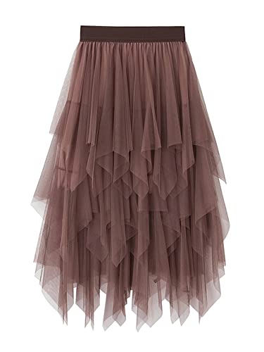 Tüll-Netzstoff-Rock für Damen, A-Linie, elastisch, hohe Taille, gestufter Lagenrock, Ballett, Abschlussball, Party, Tüll-Tutu, Midirock, A-braun, Einheitsgröße von Miolasay