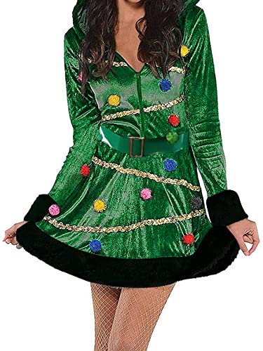 Miolasay Damen Weihnachtsbaumkleid Kostüm Erwachsene Kapuze Grün Pailletten Fancy Kostüm mit Gürtel Pom-Pom (A-Grün, L) von Miolasay