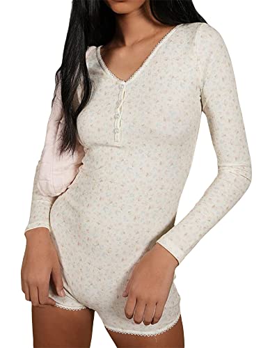 Miolasay Y2K Kurzarm-Body für Damen, Einteiler, figurbetont, Shorts, Overall, Blumendruck, Teddy-Pyjama, A-weiß, S von Miolasay