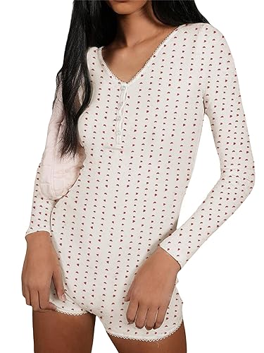 Miolasay Y2K Kurzarm-Body für Damen, Einteiler, figurbetont, Shorts, Overall, Blumendruck, Teddy-Pyjama, C-rotes Herz, 36 von Miolasay
