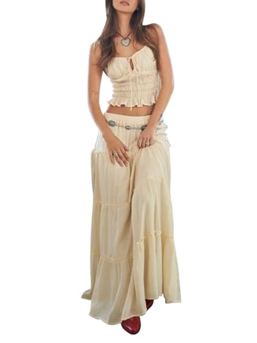 Miolasay Damen Y2k 2-teiliges Outfit, Patchwork, vorne zum Binden, Spaghettiträger, Tanktops und fließende Maxiröcke, Sommer-Strand-Outfits, C-Light Yellow, M von Miolasay