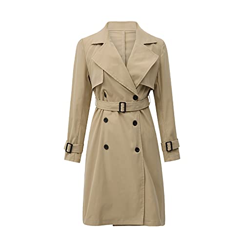 Miolasay Damen Zweireihiger Trenchcoat Klassischer Revers Mantel Slim Oberbekleidung Wasserdichter Mantel mit Gürtelschnalle, A-Kaki, 38 von Miolasay