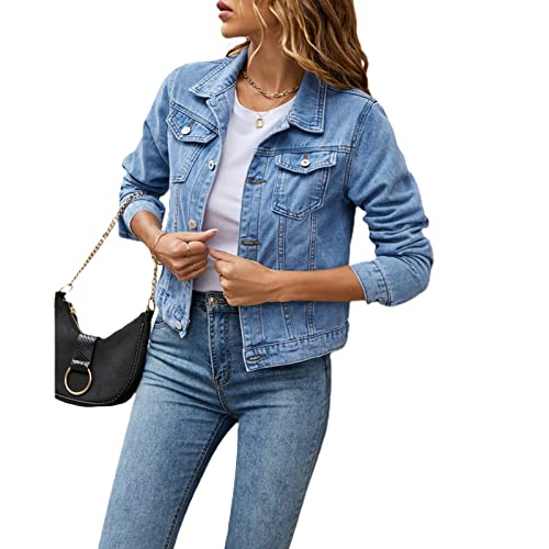 Miolasay Frauen Einfarbig Denim Jacke Mantel Oversize Langarm Basic Button Down Jeans Jacke mit Taschen Streetwear, hellblau, 38 von Miolasay