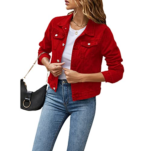 Miolasay Frauen Einfarbig Denim Jacke Mantel Oversize Langarm Basic Button Down Jeans Jacke mit Taschen Streetwear, rot, 48 von Miolasay