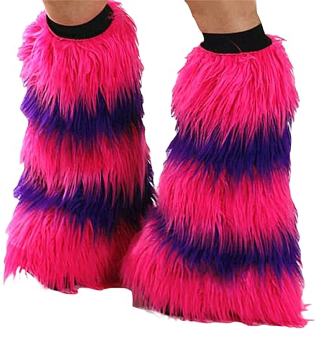 Miolasay Frauen Faux Pelz Fuzzy Bein Wärmer Zopfmuster Oberschenkel Hohe Stiefel Socken Strümpfe Warm Fuzzy Regenbogen Stiefel Ärmel Stiefel Abdeckungen, A-Lila Rot, One size von Miolasay