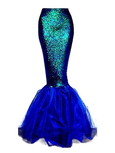 Miolasay Frauen Halloween Lange Meerjungfrau Rock Cosplay Fantasy Pailletten Langer Schwanz Kleid mit Perlenkette Sommer Strand Cosplay Party Rock, D-Blau, 36 von Miolasay