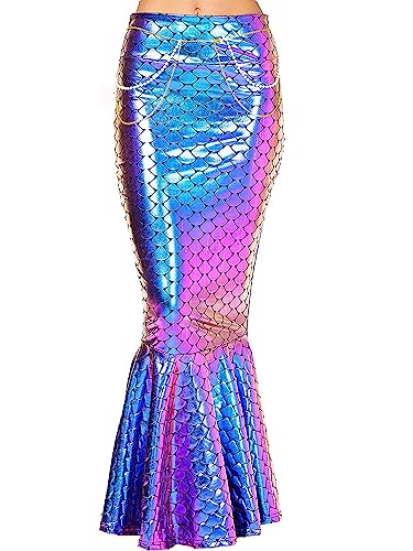 Miolasay Frauen Halloween Lange Meerjungfrau Rock Cosplay Fantasy Pailletten Langer Schwanz Kleid mit Perlenkette Sommer Strand Cosplay Party Rock, Farbenfroh, 40 von Miolasay
