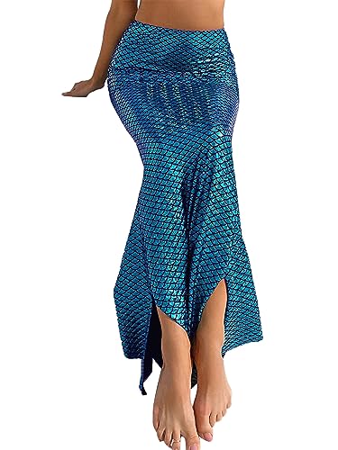 Miolasay Frauen Halloween Lange Meerjungfrau Rock Cosplay Fantasy Pailletten Langer Schwanz Kleid mit Perlenkette Sommer Strand Cosplay Party Rock, e-blau, 48 von Miolasay