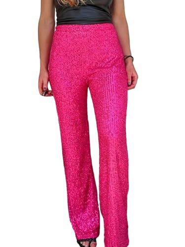 Miolasay Frauen Pailletten Weites Bein Hosen Glänzend Lose Casual Elastische Hohe Taille Funkeln Ausgestellte Hose für Clubwear Streetwear, A-Rose Red, M von Miolasay