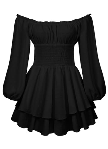 Miolasay Damen Puffkleid mit Rüschen, integrierte Shorts, Spitze, U-Boot-Ausschnitt, lange Ärmel, Volant, Body, schulterfrei, lange Ärmel, mehrlagiges, kurzes Kleid, Schwarz , L von Miolasay