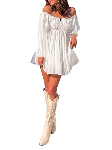 Miolasay Frauen Puff Rüschen Kleid Eingebaute Shorts Spitze U-Boot-Ausschnitt Langarm Volant Bodysuit Schulterfrei Langarm Layered Short Kleid, X-white, L von Miolasay