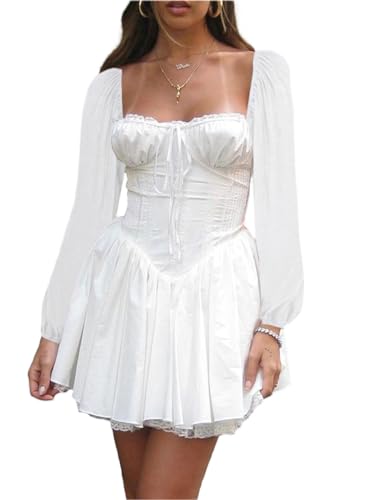 Miolasay Damen Puffkleid mit Rüschen, integrierte Shorts, Spitze, U-Boot-Ausschnitt, lange Ärmel, Volant, Body, schulterfrei, lange Ärmel, mehrlagiges, kurzes Kleid, Y-weiß, M von Miolasay