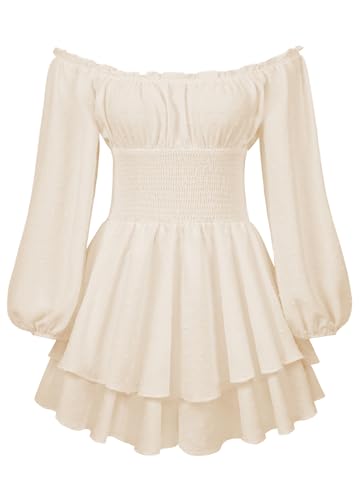 Miolasay Damen Puffkleid mit Rüschen, integrierte Shorts, Spitze, U-Boot-Ausschnitt, lange Ärmel, Volant, Body, schulterfrei, lange Ärmel, mehrlagiges, kurzes Kleid, aprikose, S von Miolasay