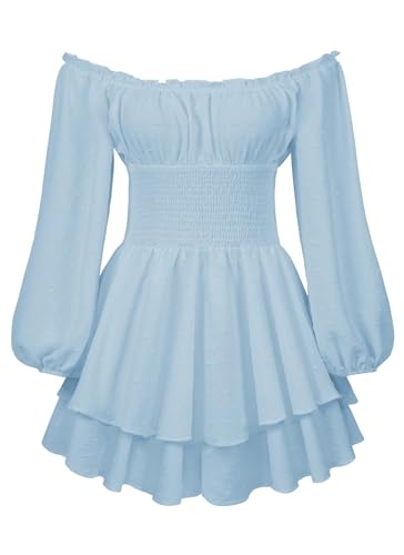 Miolasay Damen Puffkleid mit Rüschen, integrierte Shorts, Spitze, U-Boot-Ausschnitt, lange Ärmel, Volant, Body, schulterfrei, lange Ärmel, mehrlagiges, kurzes Kleid, blau, M von Miolasay