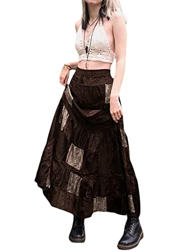 Miolasay Frauen Y2K Fairy Grunge Midi Röcke Hohe Taille Patchwork A Linie Langer Rock Vintage Blumendruck Maxirock Grunge Fairycore Streetwear, C-braun, 40 von Miolasay