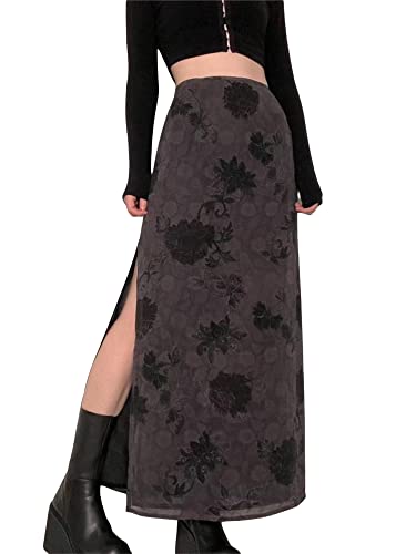 Miolasay Frauen Y2K Fairy Grunge Midi Röcke Hohe Taille Patchwork A Linie Langer Rock Vintage Blumendruck Maxirock Grunge Fairycore Streetwear, J-grau, 36 von Miolasay