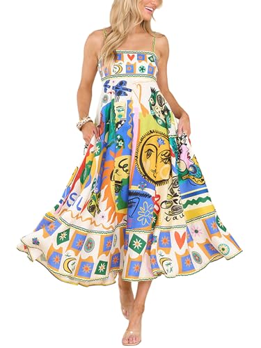 Miolasay Maxikleid für Damen, Boho, Cami, Sommer, niedlicher Druck, fließend, A-Linie, Party, langes Kleid, Spaghettiträgern, A-Linie, Sonnenkleid, A-gelb, L Miolasay Maxikleid für Damen, Boho, Cami, Sommer, niedlicher Druck, fließend, A-Linie, Party, langes Kleid, Spaghettiträgern, A-Linie, Sonnenkleid, A-gelb, L von Miolasay