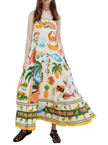Miolasay Maxikleid für Damen, Boho, Cami, Sommer, niedlicher Druck, fließend, A-Linie, Party, langes Kleid, Spaghettiträgern, A-Linie, Sonnenkleid, G-multicolor, Medium von Miolasay