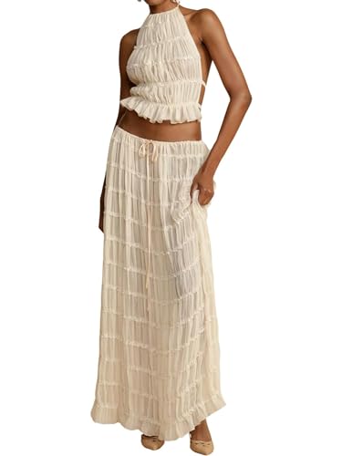Miolasay Zweiteiliger Maxirock für Damen, Schnürung, ärmelloses Tanktop und fließender langer Rock, Set Y2K, Sommer-Strandmode, A-apricot, 42 von Miolasay