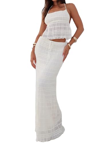 Miolasay Zweiteiliger Maxirock für Damen, Schnürung, ärmelloses Tanktop und fließender langer Rock, Set Y2K, Sommer-Strandmode, B-weiß, M von Miolasay