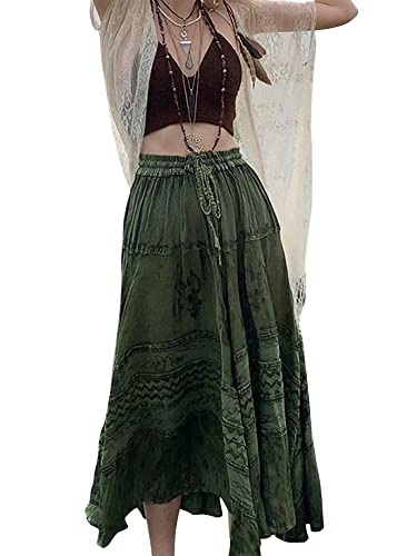 Miolasay Frauen Y2K Fairy Grunge Midi Röcke Hohe Taille Patchwork A Linie Langer Rock Vintage Blumendruck Maxirock Grunge Fairycore Streetwear, D-Grün, 44 von Miolasay