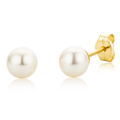 Miore Ohrringe Damen klassische Perlen Ohrstecker mit Weiße Süßwasserperlen 5.5 mm aus Gelbgold 9 Karat / 375 Gold, Ohrschmuck von MIORE