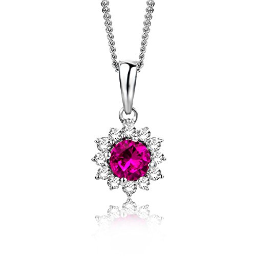 MIORE Schmuck Damen 0.06 Ct Diamant Halskette mit Kettenanhänger Edelstein/Geburtsstein roter Rubin und 12 Diamanten Brillanten Kette aus Weißgold 9KT (375) Gold, 45 cm lang von MIORE