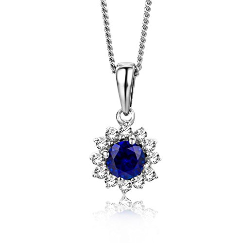 MIORE Schmuck Damen 0.06 Ct Diamant Halskette mit Kettenanhänger Edelstein/Geburtsstein blauer Saphir und 12 Diamanten Brillanten Kette aus Weißgold 9KT (375) Gold, 45 cm lang von MIORE