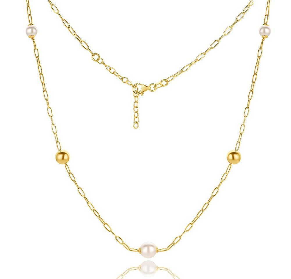 Miore Perlenkette TA008SN - mit 3 Perlen 8 mm - 925 Sterling Silber vergoldet 18 Kt, Perlen/Paperclipkette mit 44cm Länge von Miore