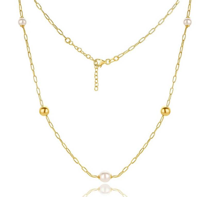 Miore Perlenkette TA008SN - mit 3 Perlen 8 mm - 925 Sterling Silber vergoldet 18 Kt, Perlen/Paperclipkette mit 44cm Länge von Miore