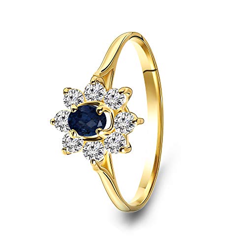 Miore Ring Damen Verlobungsring Gelbgold 14 Karat / 585 Gold mit Edelstein blauer Saphir und rundschliff Zirkonia Steinchen, Schmuck von MIORE