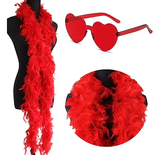 Miotlsy Federboa mit randlosen Sonnenbrillen 2M Bunte Feder Boas Federboa Fancy Kleid für tanzende Hochzeitspartys Feder Boas Zubehö Frauen Feder Boas für Cosplay Halloween Weihnachten (Rot) von Miotlsy