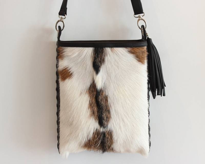 Rindsleder Handtasche, Umhängetasche Mit Handwebung. Kuhfell Einkaufstasche, Braun Weiße Ledertasche. Amanda von MiowBali