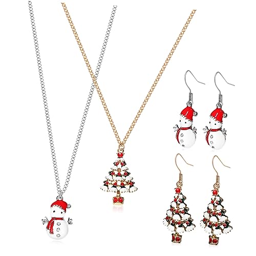 Mipcase 2 Satz Weihnachtliches Ohrstecker und Halskette Set Damen Schmuck mit Schneemann und Tannenbaum Design Leichtes Langlebiges Legierungsmaterial Komfortabel zu Tragen Festliches von Mipcase