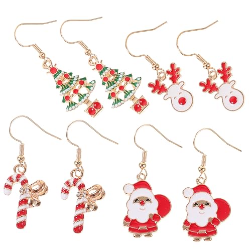 Mipcase 4 Paare Teiliges Weihnachts Ohrring Damen Dangle Ohrringe aus Legierung mit Weihnachtsmann Weihnachtsbaum Zuckerstange Modischer Weihnachtsschmuck für Frauen Mädchen Feiertagsmode von Mipcase