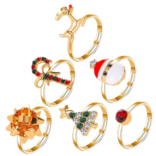 Mipcase 6 Stück Weihnachtsringe für Verstellbare Finger Ringe mit Niedlichen Cartoon Weihnachtsbaum und Motiven Robuste Party Accessoires für Festliche Weihnachtsfeiern und von Mipcase