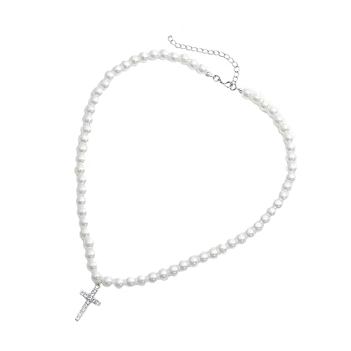 Mipcase Perlenkette mit Kreuzanhänger Damen Halskette Zarte Schlüsselbein Kette aus Perlen und Strass Leicht Hautfreundlich Modisch für Alltag und Besondere Anlässe von Mipcase