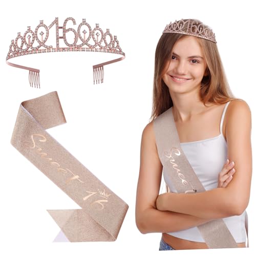 Mipcase Roségold Geburtstagskrone und Schärpe Set für Frauen Glitzer Tiara Haarreif mit Sash Leichtes Bequemes Geburtstagsschmuck Accessoire für Teenager und Damen von Mipcase