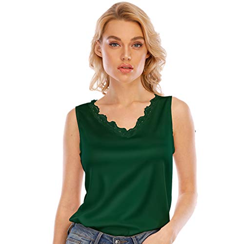 Damen Seide V Ausschnitt Camisole Spitze Racerback Tank Tops Casual Loose Sleeveless Bluse Shirts - Gr�n - Mittel von Miqieer