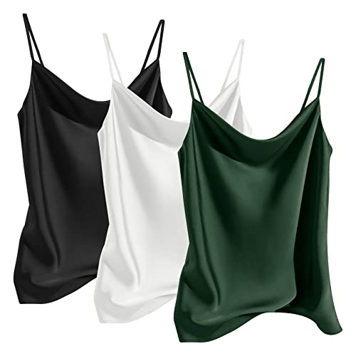 Miqieer Basic 3er-Pack Damen Seide Tank Top Damen V-Ausschnitt Camisole Seidig Lose Ärmellose Bluse Tank Shirt mit weichem Satin, 3er-Pack Cowlneck: weiß + schwarz + grün, Klein von Miqieer