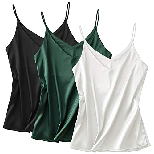 Miqieer Basic 3er-Pack Damen Seide Tank Top Damen V-Ausschnitt Camisole Seidig Lose Ärmellose Bluse Tank Shirt mit weichem Satin, 3er-Pack: Weiß + Schwarz + Dunkelgrün, Mittel von Miqieer